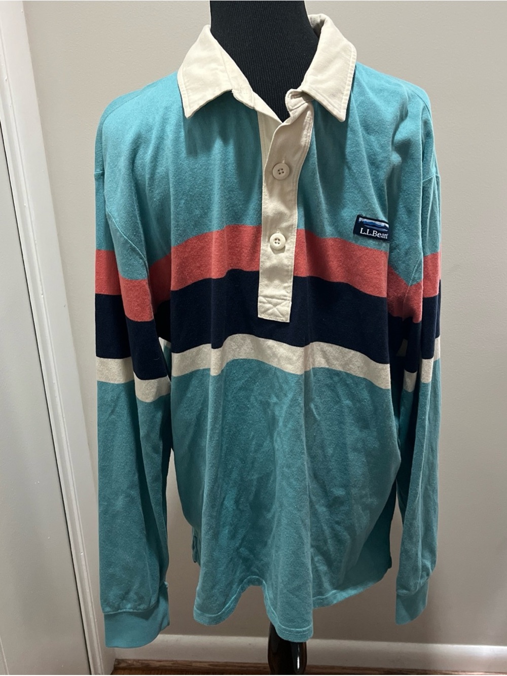 LL Bean Soft Rugby Polo Mens XL Mockneck Stripe Color Block Preppy
